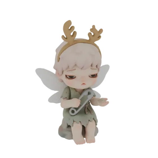 3D model of a sad fairy with light brown antlers, wearing a green tattered dress, holding a safety pin, with translucent whit