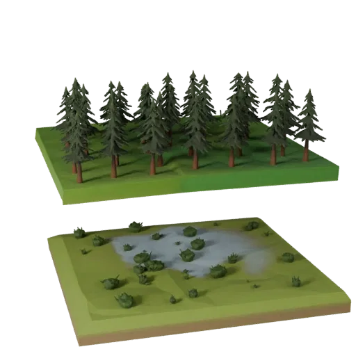 Modelo 3D Low Poly Bioma de Rio Taiga, vista em três quartos do viewport do jogo, mostrando camadas de terreno, bancos de nev