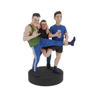 Modelo 3D de três amigos masculinos estilizados posando dinamicamente, um com a perna levantada, sobre uma base circular pret