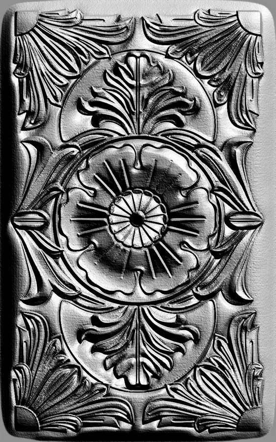 3D model of a bas-relief with a central floral motif and plant patterns, in a classic style.