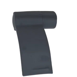A 3D render of a dark gray industrial hinge component with a cylindrical pivot and a curved, flat arm.
