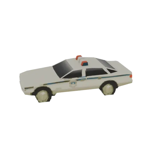 A 3D model of a white retro police cruiser with red and blue lights on top, viewed from the side.