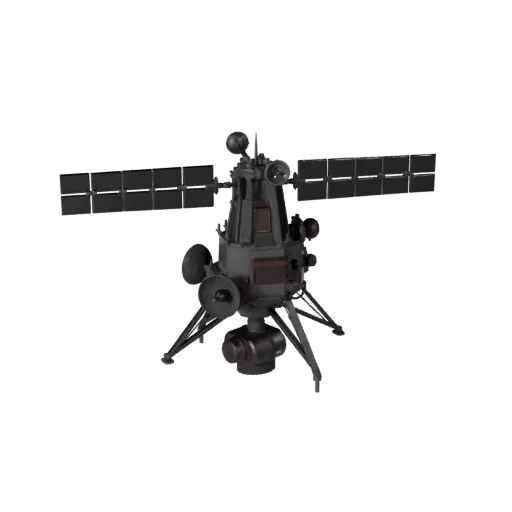 Weather Space Probe Stylized 3D model, stylized isometric render, showing solar panels, spacecraft silhouette.