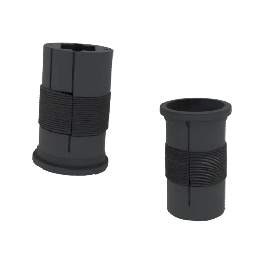 3D model of a split sleeve pipe connector with a ribbed grip, shown in dark gray.