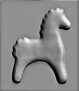 Modello 3D di bassorilievo di cavallo in stile retrò, in colore grigio con leggera texture.