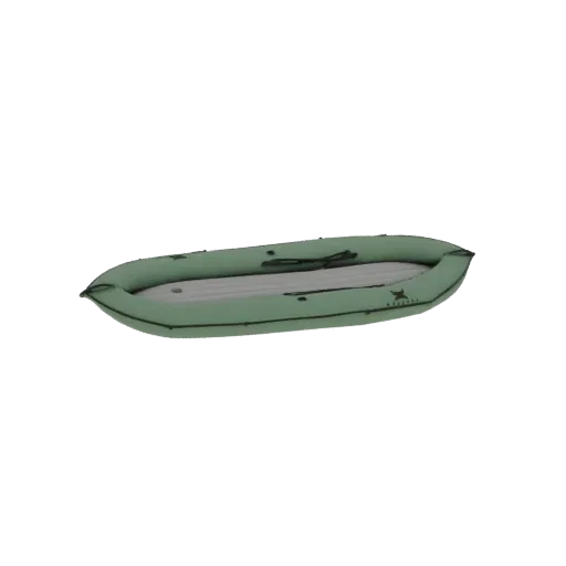 3D model of a green inflatable packraft, shown from a slightly elevated side view against a white background.