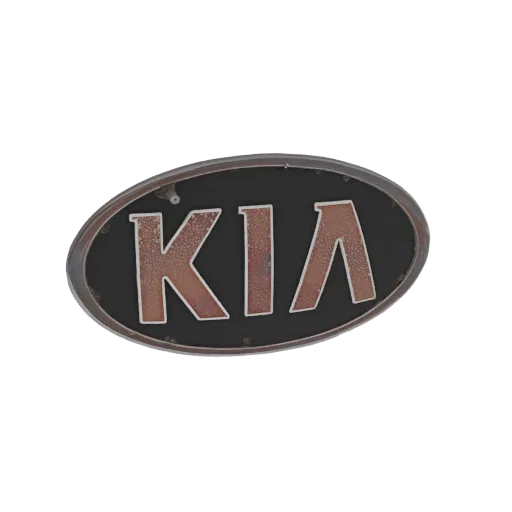 A 3D model of a weathered KIA logo emblem with a distressed metallic finish, set against a black background.