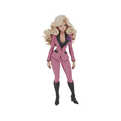 3D model of an elegant woman with blonde hair, wearing a pink suit and black boots, standing confidently.