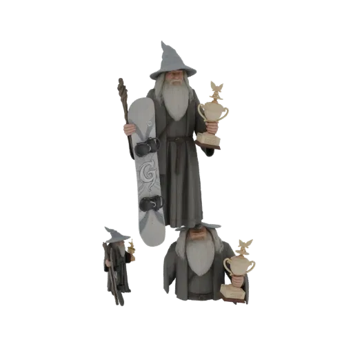 3D model of Gandalf the White dressed as a snowboarder, holding a snowboard and a trophy.