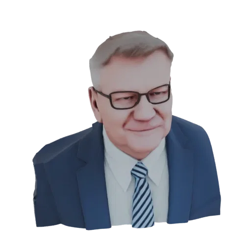Renderização 3D de um busto de homem sorridente vestindo terno azul escuro, camisa branca e gravata listrada, com óculos.