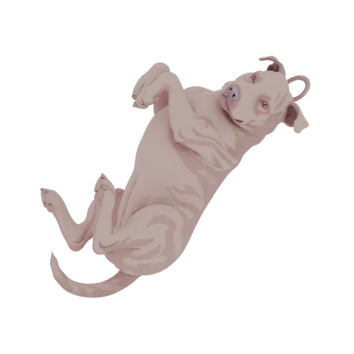 3D model of a light pinkish-tan pitbull dog rolling on its back with paws in the air, against a black background.