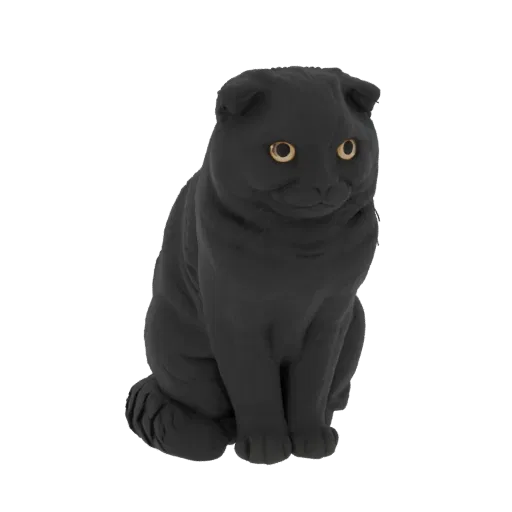 3D model of a black Scottish Fold cat sitting with folded ears and golden eyes, against a white background.