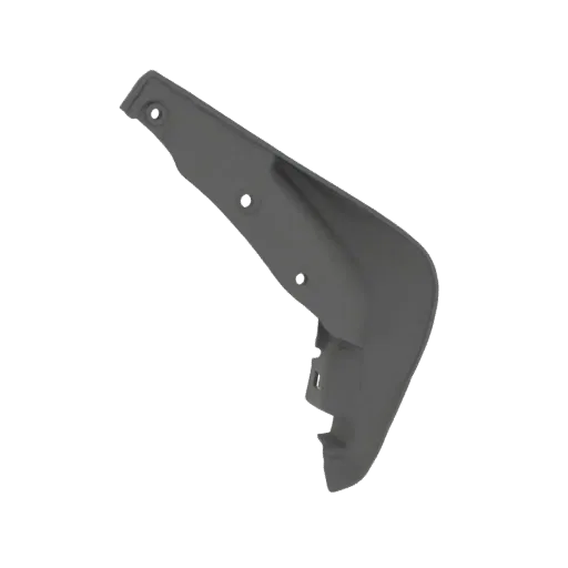 3D-Modell eines dunkelgrauen Autoschmutzfängers, von der Seite betrachtet, mit seiner gekrümmten Form und Befestigungslöchern