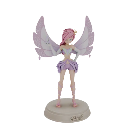 Modelo 3D de uma fada chamada Bloom com cabelo rosa, asas brilhantes e roupa roxa, em pé sobre uma base decorativa.