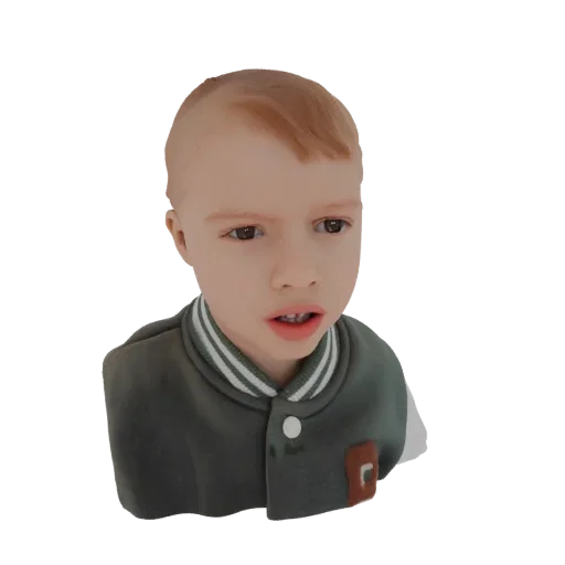 3D model bust of a young boy with light brown hair, wearing a green varsity jacket, looking slightly to the side with a curio