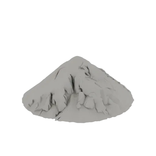 3D-Modell eines natürlichen Lehmhügels mit rauen, texturierten Oberflächen und subtilen Felsformationen, in neutralem Grau ge