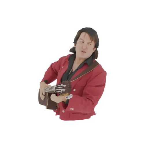 3D model of a man wearing a red jacket, playing an acoustic guitar with a passionate expression.