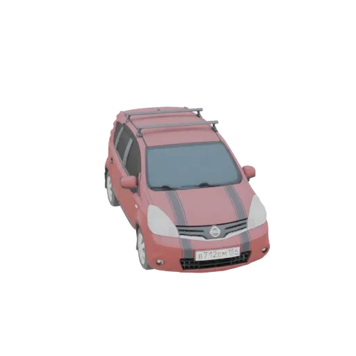 3D model of a red Nissan Note crossover with black racing stripes and roof rails, viewed from a three-quarter front angle.