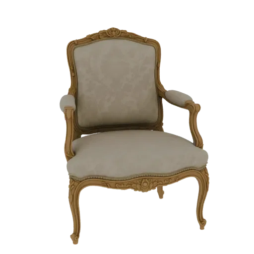 3D model of an ornate Louis XV armchair with carved wooden frame and upholstered seat and back, set against a white backgroun