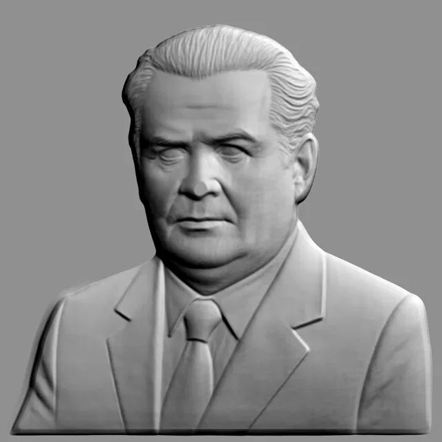 Modelo 3D de baixo-relevo de homem de terno e gravata, vista frontal, sobre fundo cinza