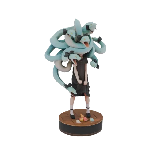3D model of a young girl with light blue snakes for hair, wearing a dark dress, standing on a wooden base with candies.