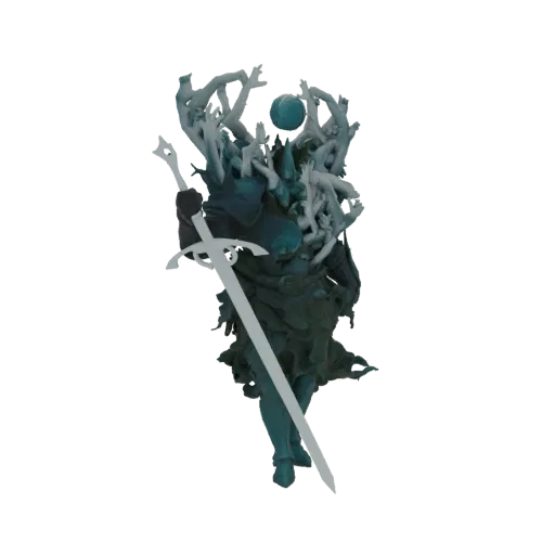 3D model of a spectral warrior entwined with branches, holding a sword, with a glowing orb above its head.