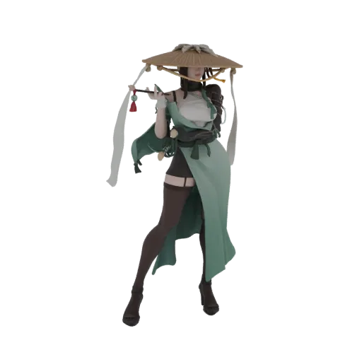 3D model of a Geisha wearing a straw hat and holding a flute, depicted in a graceful pose with a green kimono.