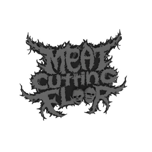 3D model of the Meat Cutting Floor logo, featuring sharp, jagged text and two skull motifs, rendered in a dark, metallic styl