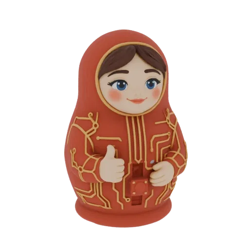 A 3D render of a red Matryoshka doll with gold circuit board patterns, giving a thumbs up.