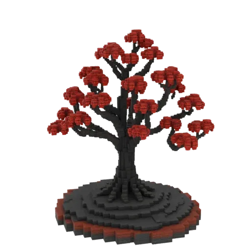 A 3D model of a voxel-style tree with a dark trunk and branches covered in bright red voxel foliage, standing on a layered da