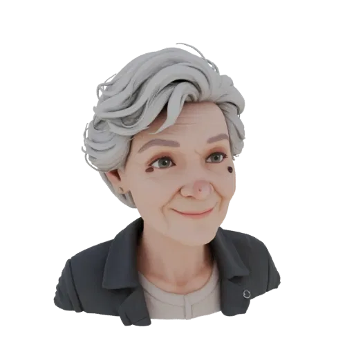 Render 3D de un busto estilizado de anciana con cabello plateado y sonrisa amigable, vistiendo una chaqueta oscura.