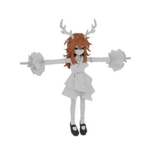 3D model of an anime-style deer girl with antlers, in a white, untextured finish, standing in a T-pose.
