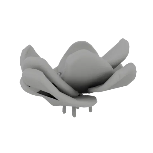 Uma renderização 3D de uma flor estilizada em floração com pétalas suaves e fluidas em cor cinza neutra, contra um fundo bran
