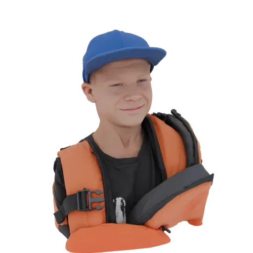 3D model render of a young boy wearing an orange life vest and a blue baseball cap, smiling.