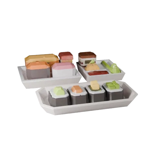 Modèle 3D Low Poly Set de Sushi Street Food, vue de trois-quarts en viewport de jeu, montrant les sauces, composition de l'assiette.