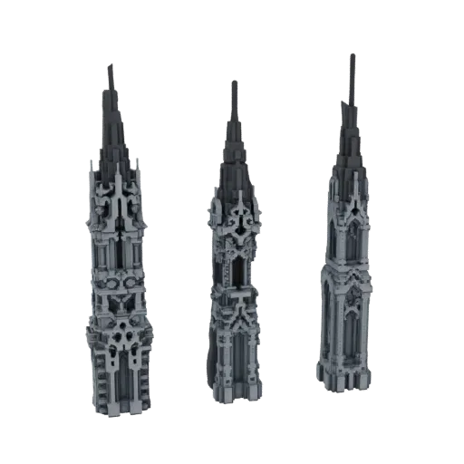 Tres variaciones de un modelo 3D detallado de agujas góticas, mostrando intrincados detalles arquitectónicos y diseños agudos