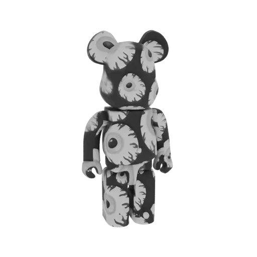 3D model of a Bearbrick toy with a repeating pattern of eyes covering its body, rendered in grayscale.