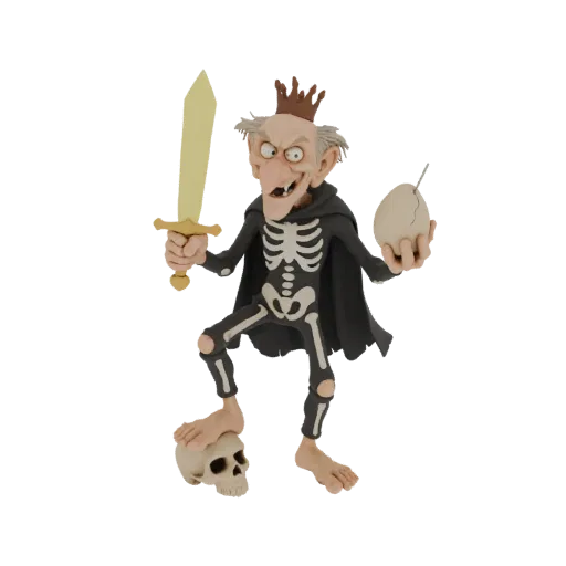 3D model of Koschei the Deathless, a skeletal figure in a black cloak holding a sword and an egg, with a skull at his feet.
