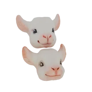 Un rendering 3D di due testine di capretta stilizzate e carine con grandi orecchie e sorrisi gentili, presentate su uno sfond