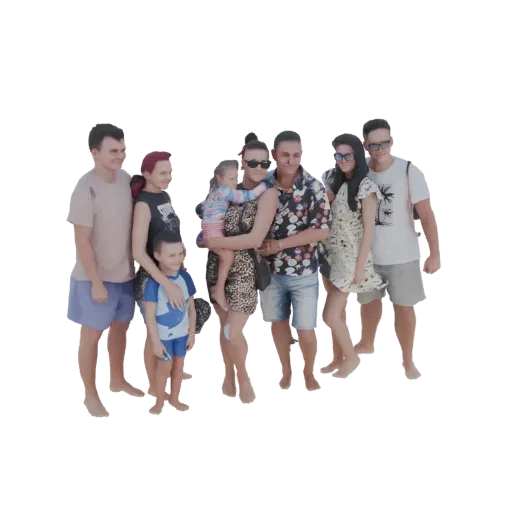 3D model of a diverse family group posing together on a beach, smiling and dressed in casual vacation attire.
