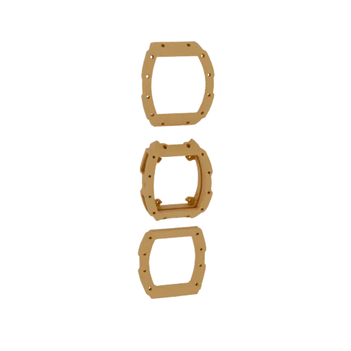 A 3D render of three stacked beige watch case gaskets, showing flat and stepped designs with screw holes.