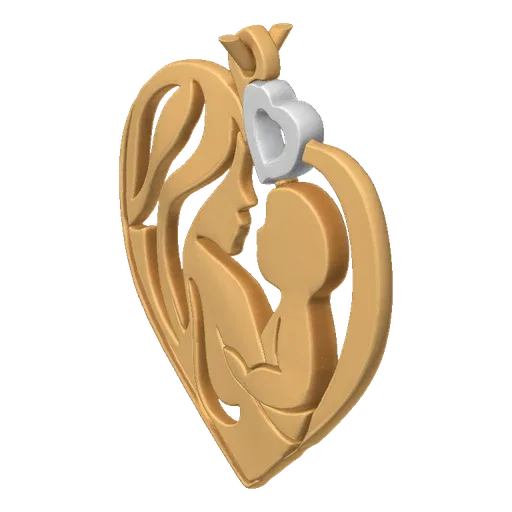 3D model of a golden heart pendant featuring a mother embracing her child, with a small silver heart accent.