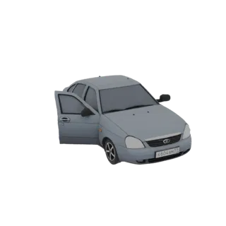 Modèle 3D d'une berline gris clair avec les portes avant et arrière côté conducteur ouvertes, vue de trois quarts avant.