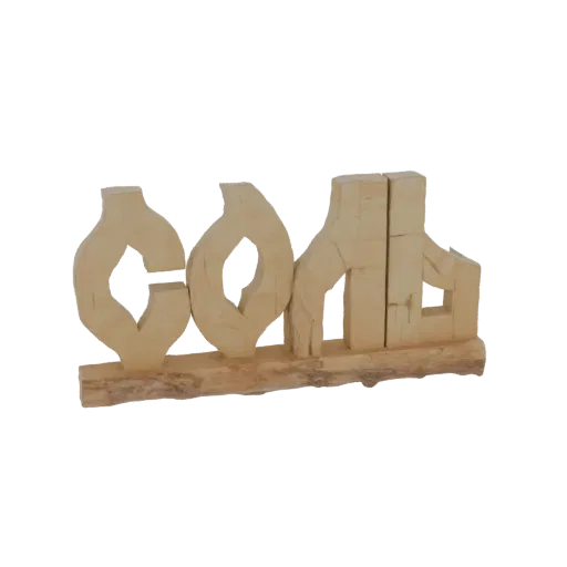 Modelo 3D de escultura abstrata feita de madeira clara, com duas formas fluidas sobre uma base de madeira rústica.