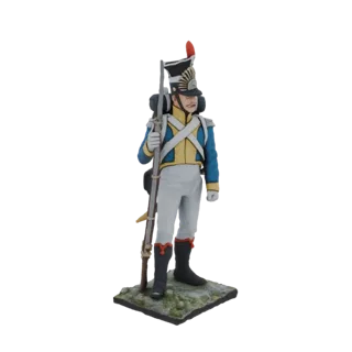 3D model of a Napoleonic era soldier standing with a musket, wearing a blue uniform with yellow accents and a plumed hat.