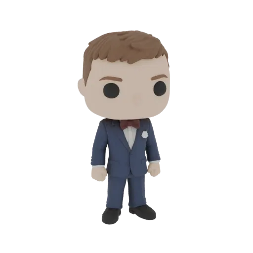 3D model of a groom in a blue suit, styled as a Funko Pop figure, with a burgundy bowtie and pocket square.