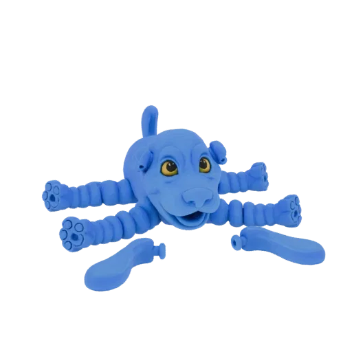 3D-Modell eines blauen, flexiblen Hundespielzeugs mit segmentierten Gliedmaßen und abnehmbaren Pfoten, vor weißem Hintergrund