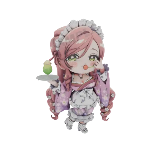 3D model of a cute chibi maid with pink hair, wearing a maid outfit, holding a cherry lollipop and a green dessert on a tray.