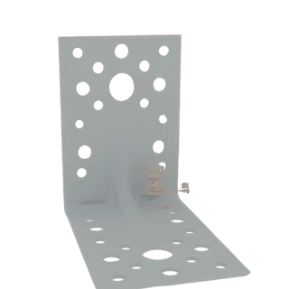 Render 3D de un soporte en L gris con una pequeña figura de bruja caricaturesca de color marrón claro adjunta a su esquina.