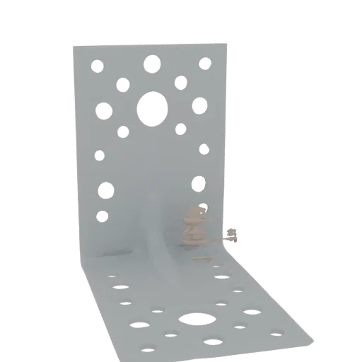 Render 3D de un soporte en L gris con una pequeña figura de bruja caricaturesca de color marrón claro adjunta a su esquina.